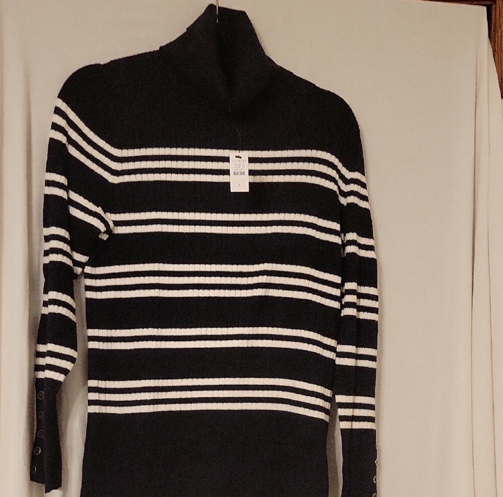 Talbots Ribbed Black and White Striped Turtleneck Sweater